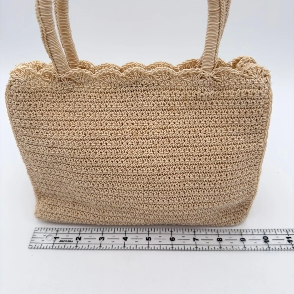 Crochet Straw Tote Bag Beige Woven Top‎ Handle Purse Coin Pouch Boho Summer